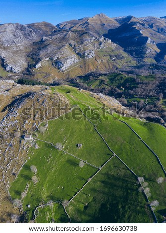Aerial view of the Miera River Valley, Countryside Landscape in winter, Pasiegos Valleys, Cantabria Autonomous Community, Spain, Europe