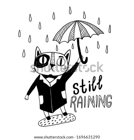 Autumn. Children's print. Rain. Cat with an umbrella.