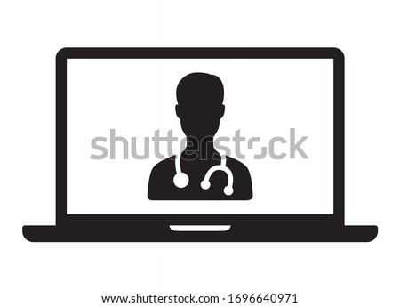 Telemedicine or telehealth virtual visit / video visit with male doctor on laptop computer flat vector icon for healthcare apps and websites