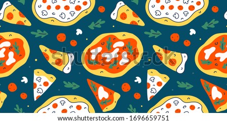 Pizza pattern, colorful doodle fast food background, vector texture, food illustration for pizzeria, restaurant or cafe, saucy italian pizza and pepperoni slices, modern cartoon drawing Royalty-Free Stock Photo #1696659751
