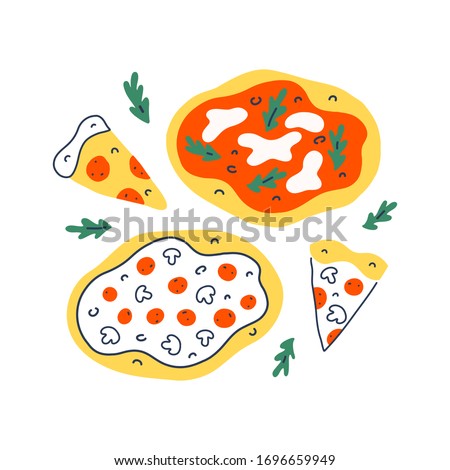 Pizza collection, various pizza slices, pepperoni and margherita, fast food illustration for pizzeria delivery service, isolated vector hand drawn illustration, colorful doodle drawing