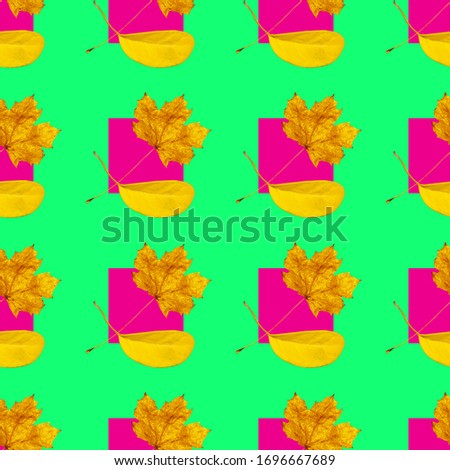 Colorful seamless pattern with yellow leaves on the green and pink background