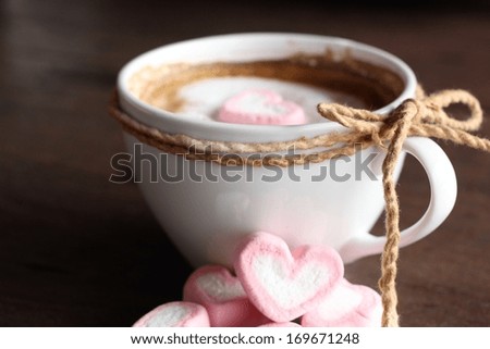 Hot chocolate with heart pink marshmallow for valentine's day