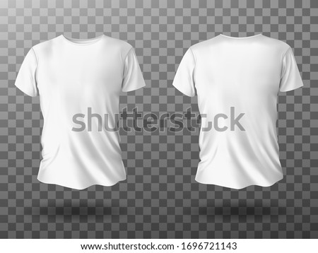 White t-shirt mockup, male t shirt with short sleeves vector template front back view. Blank apparel design for men, sportswear, casual clothing isolated on transparent background realistic 3d mock up