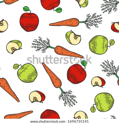 Vector  apple and carrot  engraving seamless pattern on white background. Vintage hand drawn illustration for menu, ads
