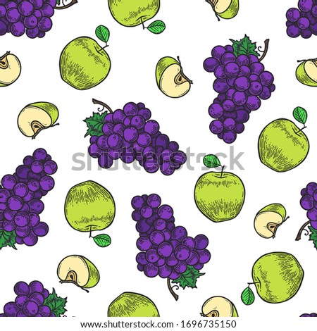 Vector  apple and grape  engraving seamless pattern on white background. Vintage hand drawn illustration for menu, ads