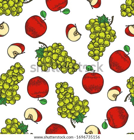 Vector  apple and grape  engraving seamless pattern on white background. Vintage hand drawn illustration for menu, ads