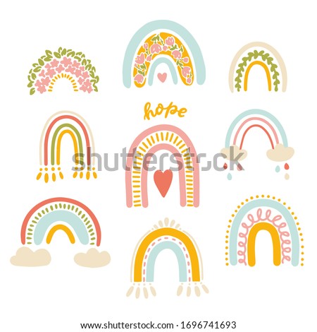 Vector illustration set, cute modern colourful rainbows on a white background 