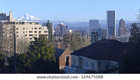 Portland Oregon downtown skyline panorama with Mt. Hood.