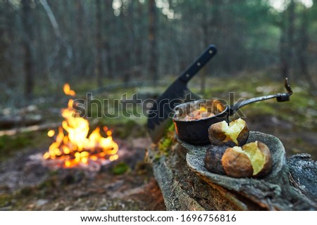 COOKING IN THE FOREST ON FIRE Royalty-Free Stock Photo #1696756816