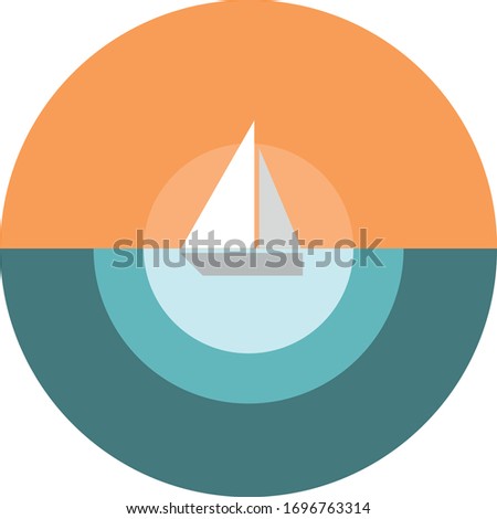 Abstract image of a silhouette of a sailboat against the backdrop of sunset or dawn and the blue sea.
