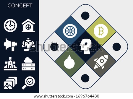 concept icon set. 13 filled concept icons.  Simple modern icons such as: Head, Browser, Check mark, Windmill, Server, Megaphone, Elephant, Clock, Peace, Bitcoin, Wheel, Attack