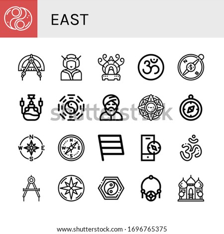 east simple icons set. Contains such icons as Yin yang, Compass, Geisha, Incense burner, Om, Hookah, Taoism, Muslim, Windrose, Flag, Amulet, can be used for web, mobile and logo