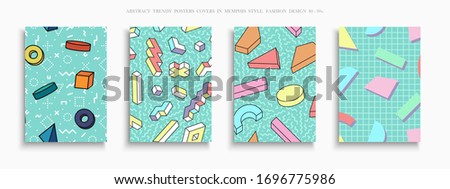 Collection of colorful trendy covers, templates, posters, placards, brochures, banners, flyers and etc. Abstract backgrounds with drawing 3d geometric shapes. Memphis design - fashion style 80-90s.