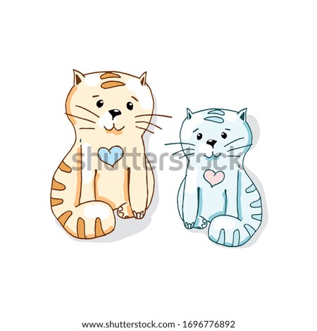 two lovely cartoon cats with heart. Vector illustration for postal or sticker.
