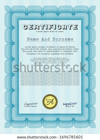 Light blue Classic Certificate template. Excellent design. Vector illustration. Printer friendly. 