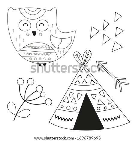Coloring page for kids. Scandinavian owl, wigwam, flower. Vector illustration. Funny coloring book for kids.