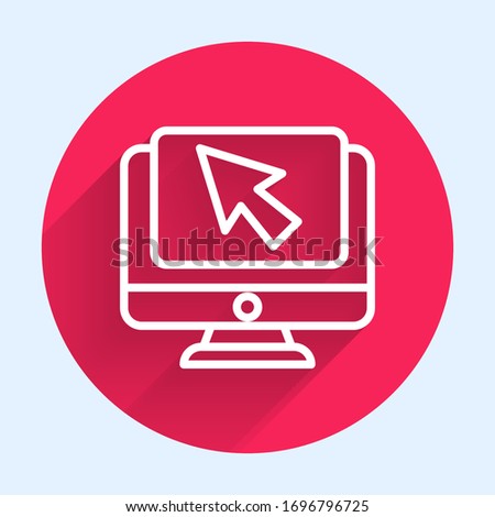 White line Computer monitor and cursor icon isolated with long shadow. Computer notebook with empty screen sign. Red circle button. Vector Illustration
