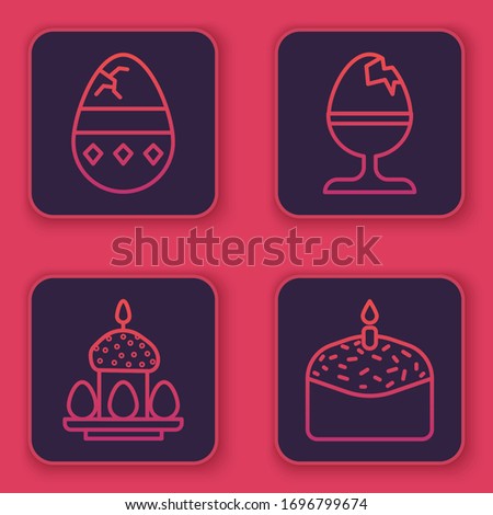 Set line Cracked egg, Easter cake and eggs, Chicken egg on a stand and Easter cake and candle. Blue square button. Vector