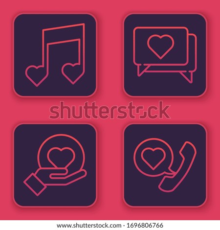 Set line Music note, tone with hearts, Heart on hand, Like and heart and Telephone with heart speech bubble. Blue square button. Vector