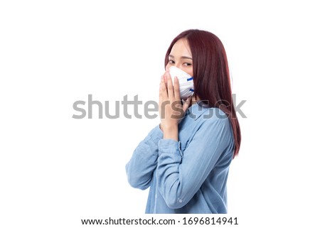 Woman wearing face mask protect filter pm2.5 anti pollution, anti smog and viruses. Air pollution, environmental concept isolated on white background.