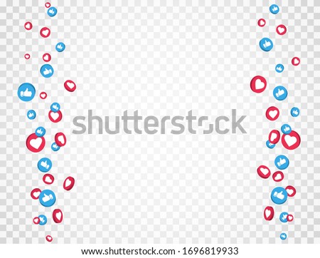 Like and thumbs up icons frame. Social media elements falling on transparent background. 3d social network symbol. Counter notification icons frame. Emoji reactions. Vector illustration. Royalty-Free Stock Photo #1696819933