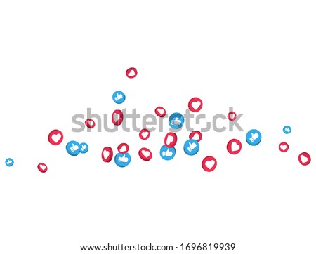 Like and thumbs up icons flying on transparent background. Social media elements. 3d social network symbol. Counter notification icons frame. Emoji reactions. Vector illustration. Royalty-Free Stock Photo #1696819939