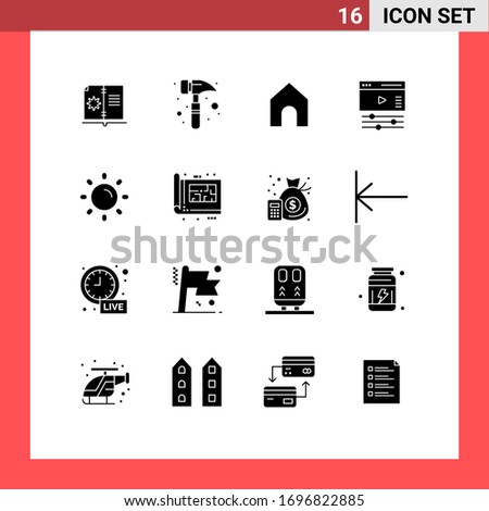16 User Interface Solid Glyph Pack of modern Signs and Symbols of shine; light; instagram; brightness; video Editable Vector Design Elements