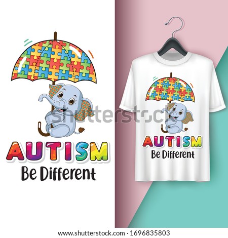 Autism Awareness Day.Elephant Holding Umbrella.Vector Illustration. T-Shirt Design.
