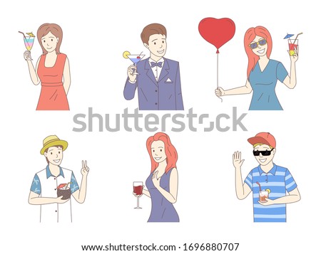 Group of happy smiling people in summer and formal clothes holding cocktails vector cartoon outline illustration. Summer party, vacation, holidays, people drinking alcohol and celebrating.