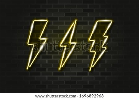 Lighting bolt set glowing neon sign or LED strip light. Realistic vector illustration. Black brick wall, soft shadow, metal holders.