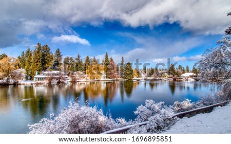 Winter View of Mirror Pond on Deschutes River from Drake Park in Bend, Oregon Royalty-Free Stock Photo #1696895851
