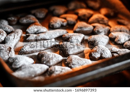 Fresh chocolate pastry, cookies baked in the oven. Selective focus. 