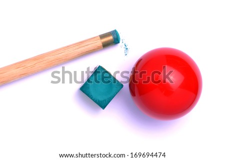 Snooker cue with chalk and ball Royalty-Free Stock Photo #169694474