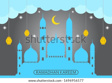 Ramadan kareem banner design , mosque icon on the moon, lanterns, and stars with gray background. for banners, backgrounds, greeting cards. Vector Illustration. EPS10 