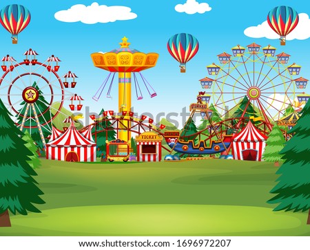 Themepark scene with many rides and balloons in the sky illustration
