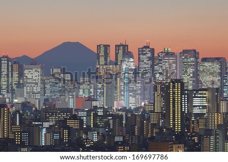 Tokyo cityscape and Mountain fuji at twilight 
