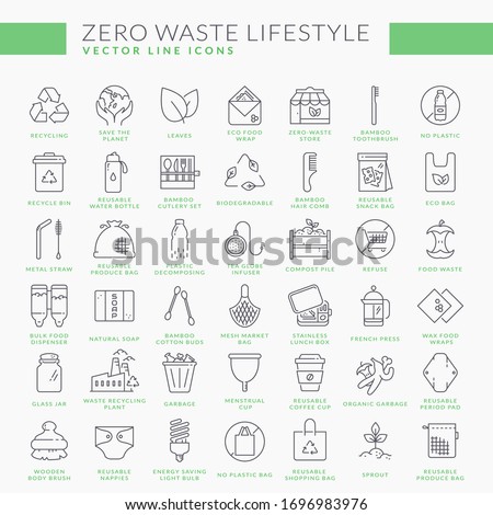 Zero waste line icons. Outline symbols isolated on white background. Recycling, reusable items, plastic free, save the Planet and eco lifestyle themes. Vector collection with inscriptions. Royalty-Free Stock Photo #1696983976