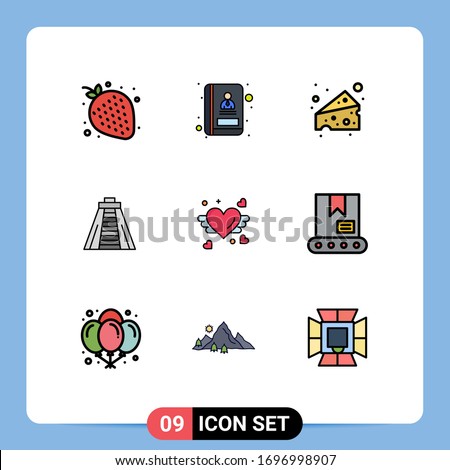 Group of 9 Modern Filled line Flat Colors Set for bulldozer; heart; food; love; monument Editable Vector Design Elements