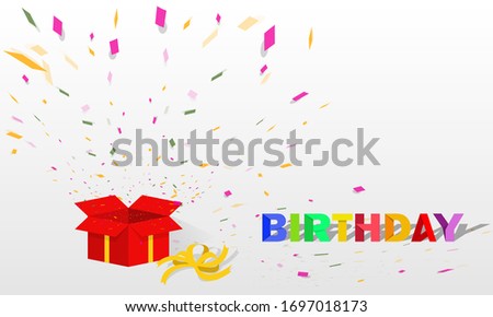 The red gift box is opened. Then a multicolored ribbon came out of the box. Beside the box is the Happy Birthday font design. It's a vector design for greeting cards and posters for celebration.