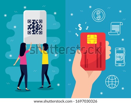 qr code woman man and hand holding credit card design of technology scan information business price communication barcode digital and data theme Vector illustration