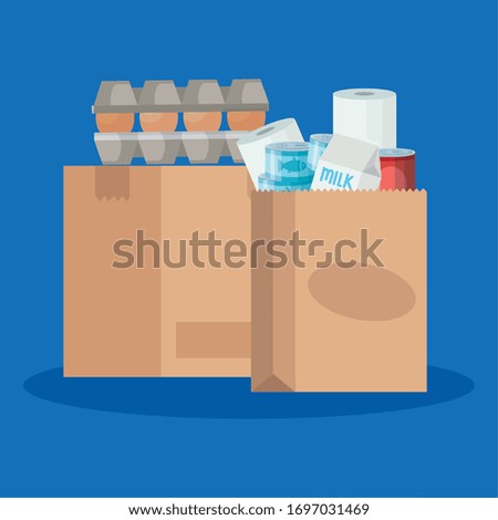 bag paper and box carton with excess groceries vector illustration design