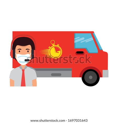 man agent call center using face mask with van vehicle vector illustration design