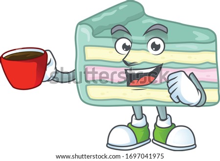 An image cartoon character of vanilla slice cake with a cup of coffee