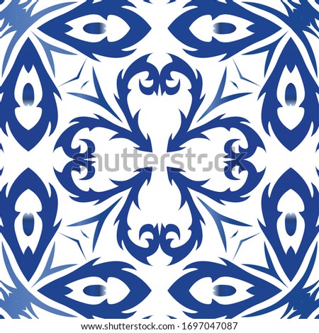 Antique azulejo tiles patchwork. Stylish design. Vector seamless pattern arabesque. Blue spain and portuguese decor for bags, smartphone cases, T-shirts, linens or scrapbooking.