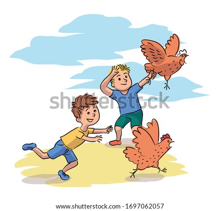 Two misbehavior boy friends chase hen on farm yard. Children play running after domestic bird. Funny naughty kid character. Bad behavior in village. Fun recreation at countryside. Vector illustration