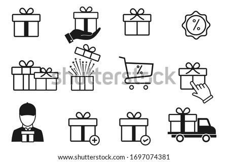 Set of gift box icons, such as present, discount, package, gift delivery, price tag. isolated on white, for graphic and web design. Editable stroke, Vector illustration 