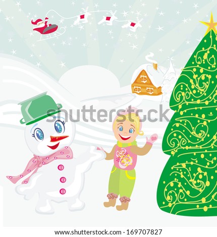 santa claus, sweet snowman and smiling little girl 