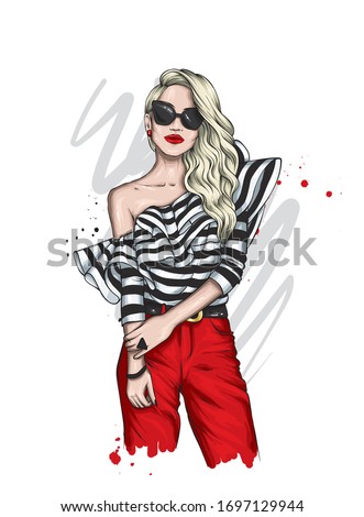 Beautiful girl in a stylish blouse and trousers. Fashionable clothes. Fashion and style, accessories. Female. Vector illustration for postcard or poster, print.