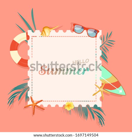 Hello Summer tropical pink pastel color concept with life buoy, palm leaf, surfboard, sunglasses, flower, starfish and seashell. For Label summer sale, template, banner, billboard.